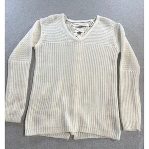 iKnit Sweater Women Medium Cream Excellent Lace Up V Neck Waffle Knit Split Hem